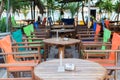 Colorful Table and chairs in beach bar restaurant, near sea Royalty Free Stock Photo