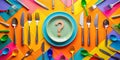 Colorful Table Setting with Question Mark Plate An Engaging Visual for Menu Design Quiz Concepts and Culinary Royalty Free Stock Photo