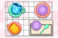 Colorful table setting with stylish cups, plates, and utensils on a grid patterned surface Royalty Free Stock Photo