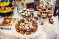 Colorful table with sweets and goodies for the wedding.party reception, decorated dessert table.Delicious sweets on candy buffet. Royalty Free Stock Photo