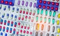 Colorful of tablets and capsules pill in blister packaging arranged with beautiful pattern. Pharmaceutical industry concept. Royalty Free Stock Photo