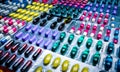 Colorful of tablets and capsules pill in blister packaging arranged with beautiful pattern. Pharmaceutical industry concept. Royalty Free Stock Photo