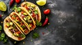 Colorful tacos with fresh vegetables and meat on dark background, copy space. Poke tacos. Mexican tacos variety, vibrant toppings Royalty Free Stock Photo