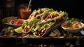 Colorful Tacos, Mexican cuisine. Assortment Of Delicious Authentic Tacos, Ready-To-Eat.