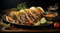 Colorful Tacos, Mexican cuisine. Assortment Of Delicious Authentic Tacos, Ready-To-Eat.