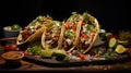 Colorful Tacos, Mexican cuisine. Assortment Of Delicious Authentic Tacos, Ready-To-Eat.