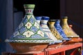 Colorful tagine souvenirs for sale in a shop in Morocco Royalty Free Stock Photo