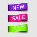 Colorful tags ribbons banners. New, Sale and Special Offer tags or labels. Set of colorful tags ribbons banners