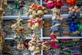 Colorful tailor supplies like ribbons and embroidery material in a street shop in the tailor market in Mumbai, India Royalty Free Stock Photo