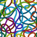 Colorful tangled messy wires on white seamless pattern, vector