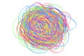 Colorful tangled on white. Chaos pattern. Scribble sketch. Bright background with array of lines. Intricate chaotic texture. Art