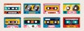 Colorful tape cassette. Vintage analog audio tape with magnetic label, retro 80s cassette with stereo sound. Vector