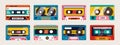 Colorful tape cassette. Vintage analog audio tape with magnetic label, retro 80s cassette with stereo sound. Vector collection