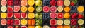 Colorful and tasty collection of fruits and vegetables in vertical line divided photo collage Royalty Free Stock Photo