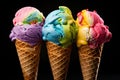 colorful tasty melting ice cream in waffle cone AI generated