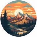 Colorful Tattoo-style Mountain Landscape Illustration In Circular Frame