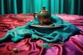 A Colorful Teapot on a Silky Purple Place Setting