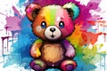 a colorful teddy bear sitting in front of a paint splattered background. generative ai Royalty Free Stock Photo