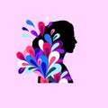 Colorful teenager profile. Color elegant young girl portrait silhouette, colour floral pretty female student person