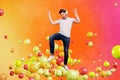 Colorful template collage of young guy listen active playlist with high tech headset dancing on augmented reality aqua Royalty Free Stock Photo