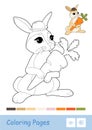 Colorful template and colorless contour image of cute bunny holding a carrot isolated on white background. Wild animals preschool