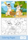 Colorful template and colorless contour image of cute couple of Easter rabbits with Easter eggs in a basket. Wild