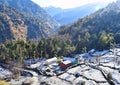 Colorful Tents Huts with Snow All Around on Ground, Trees & Mountains - Comping - Landscape in Winter in Himalayan Village, India