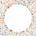 Colorful terrazzo round frame, with empty space for text. Abstract colored stones background