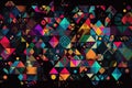 a colorful tessellation of triangles, circles, and squares on a black background