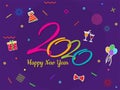 Colorful text 2020 Happy New Year with sticker style cocktails, balloons, gift box. Royalty Free Stock Photo