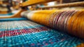 Colorful textiles on traditional loom. Artisan fabrics production Royalty Free Stock Photo
