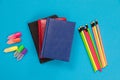Colorful textliners and crayons and three dayplanners in leather covers are lying on pale-blue surface isolated