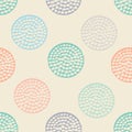 Colorful textured circle seamless pattern, blue, pink, orange, beige round grunge polka dot, wrapping paper. Royalty Free Stock Photo