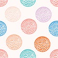 Colorful textured circle seamless pattern, blue, pink, orange, violet round grunge polka dot, wrapping paper. Royalty Free Stock Photo