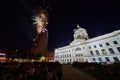 Colorful 4th of July fireworks over Lincoln Tower with courthouse view in Fort Wayne