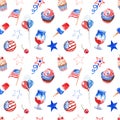 Colorful 4th of July holiday seamless pattern with watercolor red, white and blue balloons, sweets, desserts, american flag Royalty Free Stock Photo