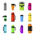 Colorful thermos cups flat vector illustrations set