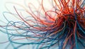 Colorful thin electrical wires tangled together in loose chaotic bundle. Multiple thin cords in red blue, orange create complex Royalty Free Stock Photo