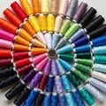 Of colorful thread arranged in a circular pattern on a light wooden Royalty Free Stock Photo