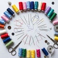 Of colorful thread are arranged in a circular pattern on a white Royalty Free Stock Photo
