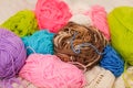 Colorful threads for Knitting. close up of colorful yarn wool, a lot of balls. Knitting yarn for handmade winter clothes Royalty Free Stock Photo