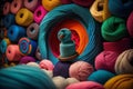 Colorful threads, yarns, balls, spools. Various colors, yarn ball and thread sizes. Generative Ai Royalty Free Stock Photo