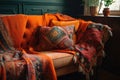 colorful throw pillow on cozy sofa in bohemian home