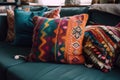 colorful throw pillow on cozy sofa in bohemian home