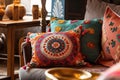 colorful throw pillow on cozy sofa in bohemian home