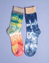 Colorful Tie Dye Socks on Purple Background Royalty Free Stock Photo