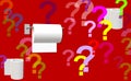 Colorful toilet paper roll design and abstract question mark background.