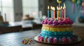 Colorful topsy turvy birthday cake with candles Royalty Free Stock Photo