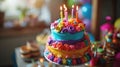 Colorful topsy turvy birthday cake with candles Royalty Free Stock Photo