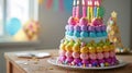 Colorful topsy turvy birthday cake with candles Royalty Free Stock Photo